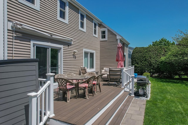 54 Silo Dr, Wethersfield, CT 06109 - wooden deck with outdoor dining area, a yard, and area for grilling