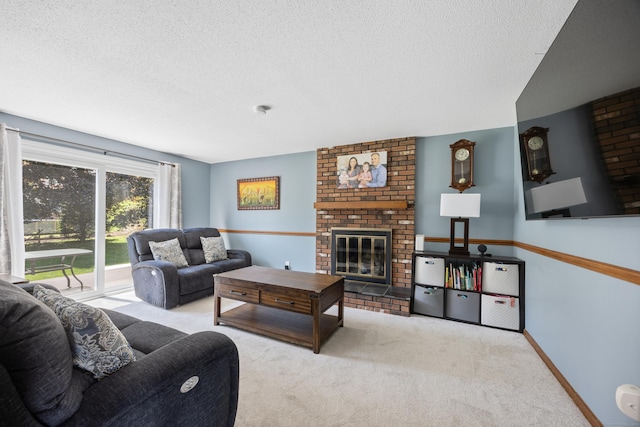 54 Silo Dr, Wethersfield, CT 06109 - living room with carpet floors, a brick fireplace, a textured ceiling, and baseboards