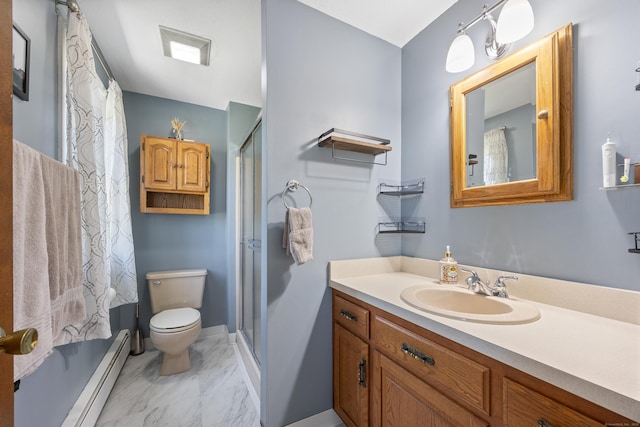54 Silo Dr, Wethersfield, CT 06109 - full bath featuring a baseboard radiator, a shower with curtain, toilet, and vanity