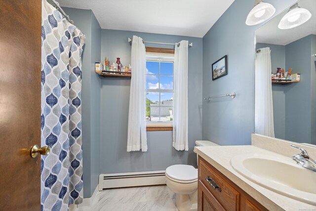 54 Silo Dr, Wethersfield, CT 06109 - bathroom featuring baseboard heating, toilet, vanity, and curtained shower
