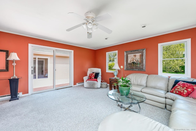 250 Glenn Dr, Stratford, CT 06614 - living area with plenty of natural light, ceiling fan, ornamental molding, baseboards, and carpet flooring