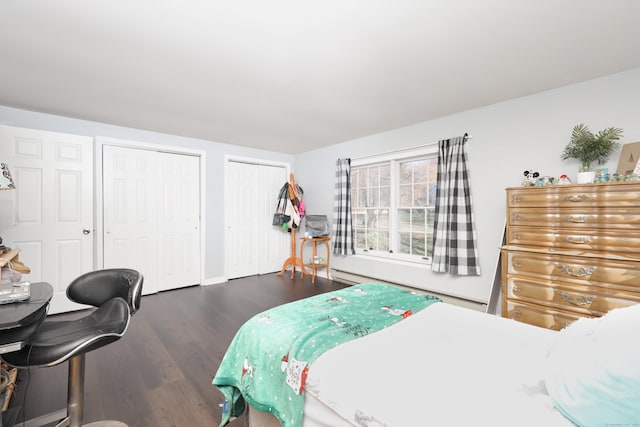 bedroom featuring two closets, wood finished floors, and a baseboard radiator