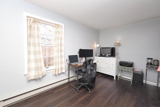 office space with a baseboard radiator and dark wood-style floors