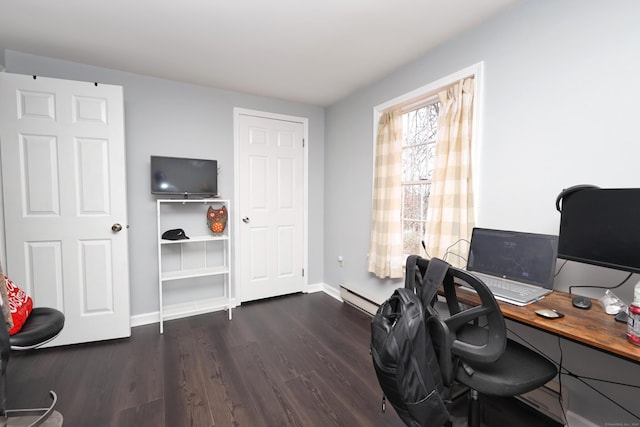 office featuring baseboards, baseboard heating, and dark wood finished floors