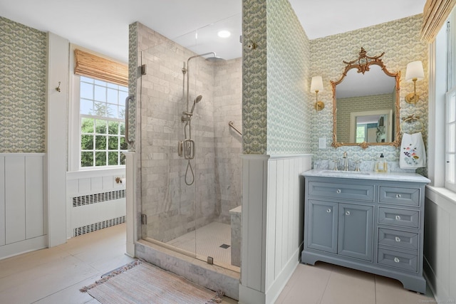 455 E St, Middletown, CT 06457 - full bathroom with radiator, wallpapered walls, a wainscoted wall, a shower stall, and tile patterned floors
