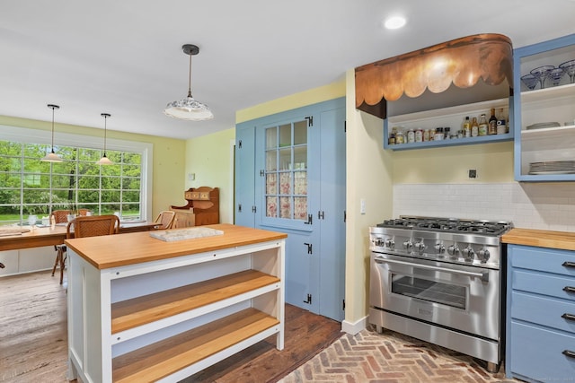 455 E St, Middletown, CT 06457 - kitchen featuring wood counters, high end range, tasteful backsplash, blue cabinetry, and open shelves