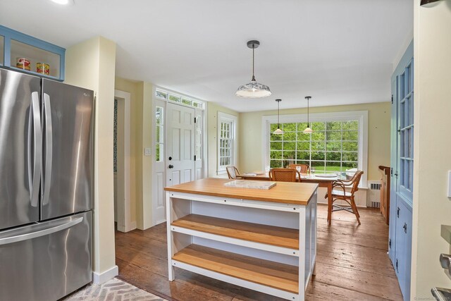455 E St, Middletown, CT 06457 - kitchen featuring freestanding refrigerator, open shelves, wooden counters, and radiator heating unit