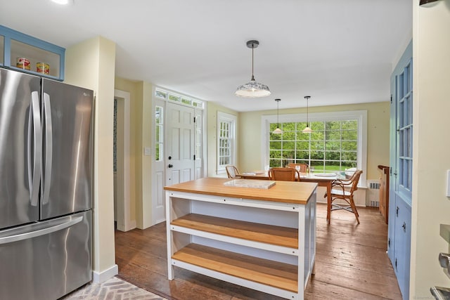 455 E St, Middletown, CT 06457 - kitchen featuring freestanding refrigerator, open shelves, butcher block countertops, and radiator