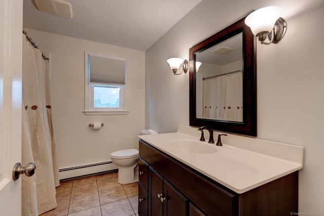 full bath featuring a baseboard radiator, vanity, toilet, and tile patterned flooring