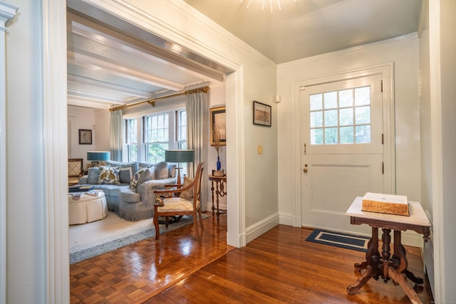 262 Kenyon St, Hartford, CT 06105 - doorway to outside featuring healthy amount of natural light, crown molding, dark wood-style floors, and baseboards