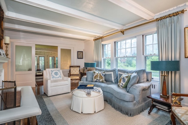 262 Kenyon St, Hartford, CT 06105 - living area featuring beamed ceiling, healthy amount of natural light, and ornamental molding