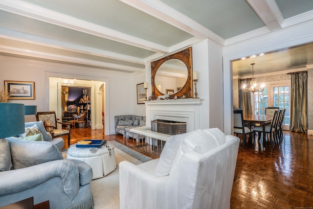 262 Kenyon St, Hartford, CT 06105 - living room with a chandelier, ornamental molding, a fireplace, and beamed ceiling