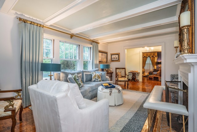262 Kenyon St, Hartford, CT 06105 - living room with beam ceiling, a fireplace, and crown molding