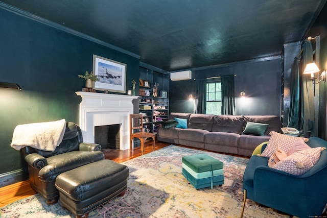 262 Kenyon St, Hartford, CT 06105 - living area featuring crown molding, wood finished floors, a wall mounted AC, and a fireplace with flush hearth