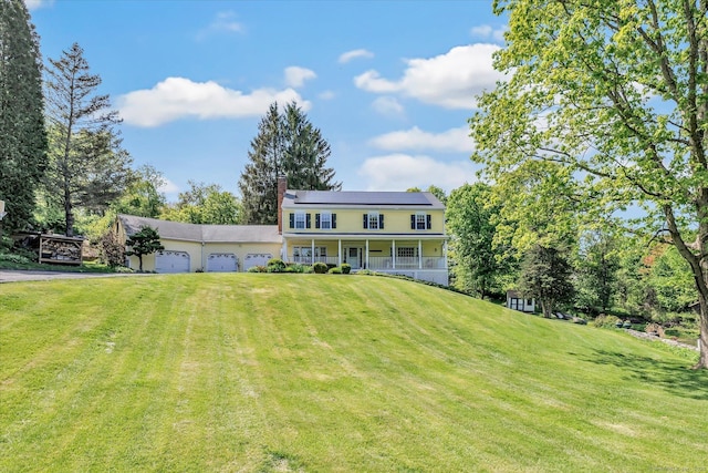2 White Oak Farm Rd, Newtown, CT 06470 - view of front facade featuring a porch, a front yard, a chimney, and a garage