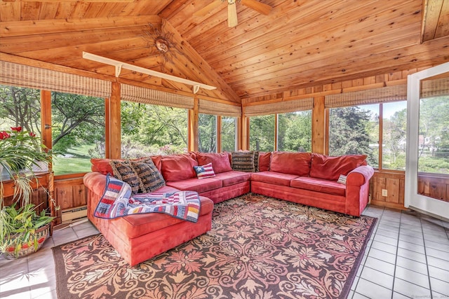 2 White Oak Farm Rd, Newtown, CT 06470 - living room featuring lofted ceiling, wooden ceiling, light tile patterned floors, ceiling fan, and a baseboard radiator