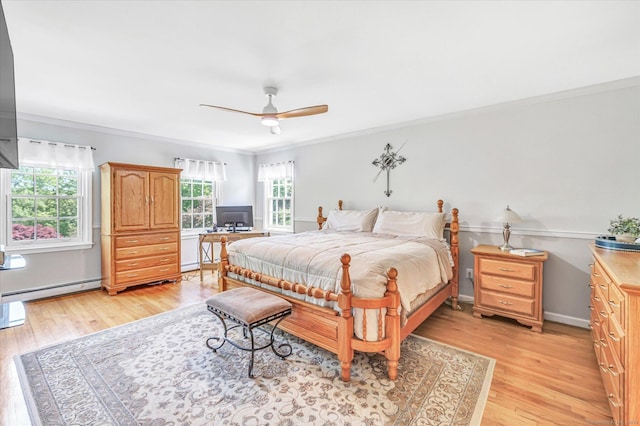 2 White Oak Farm Rd, Newtown, CT 06470 - bedroom featuring light wood finished floors, crown molding, a baseboard radiator, and a ceiling fan