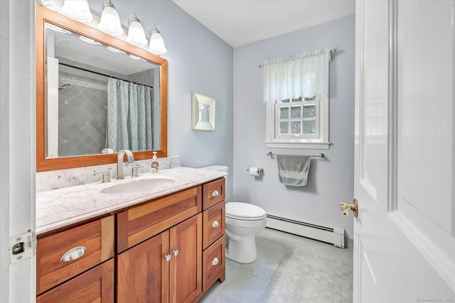 2 White Oak Farm Rd, Newtown, CT 06470 - bathroom featuring a baseboard heating unit, tile patterned flooring, toilet, vanity, and a shower with shower curtain