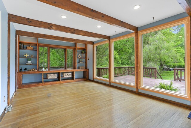 2 Kramer Ln, Weston, CT 06883 - unfurnished sunroom featuring hardwood / wood-style floors, a deck, beamed ceiling, and recessed lighting