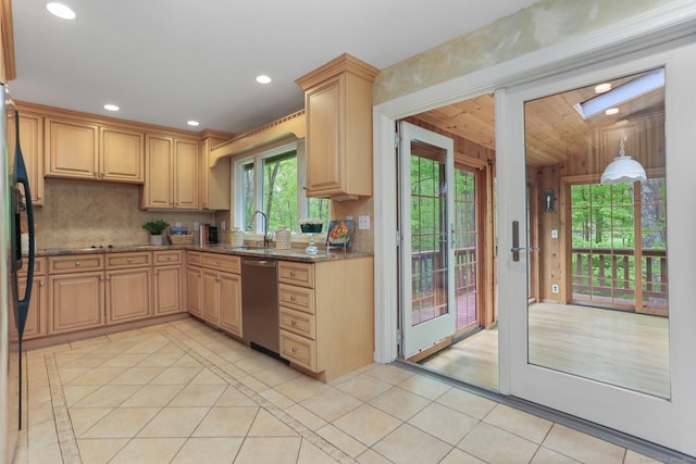 2 Kramer Ln, Weston, CT 06883 - kitchen featuring dishwasher, stone counters, backsplash, light tile patterned floors, and recessed lighting