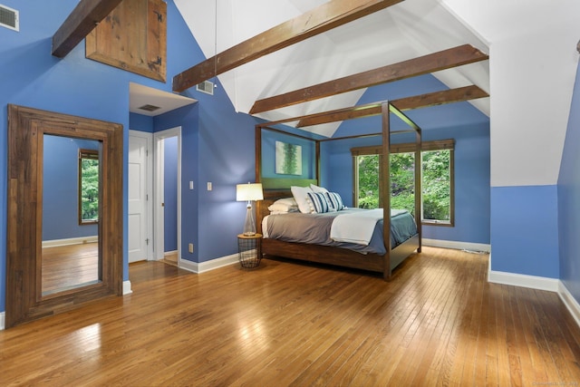 2 Kramer Ln, Weston, CT 06883 - bedroom with beamed ceiling, hardwood / wood-style floors, and high vaulted ceiling