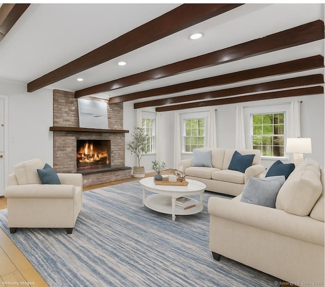 2 Kramer Ln, Weston, CT 06883 - living room featuring beamed ceiling, a fireplace, wood finished floors, and recessed lighting