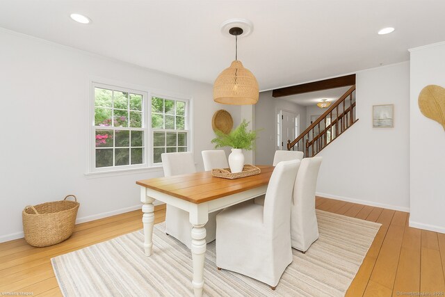 2 Kramer Ln, Weston, CT 06883 - dining space featuring light wood finished floors, stairway, recessed lighting, and crown molding