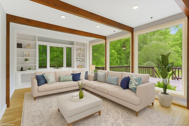 2 Kramer Ln, Weston, CT 06883 - living area with light wood-style floors, beamed ceiling, and recessed lighting