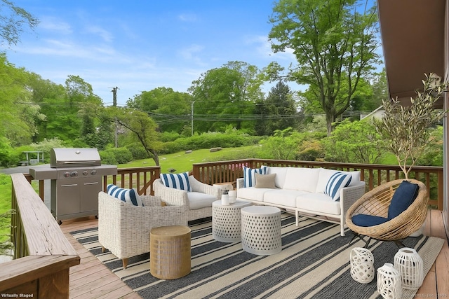 2 Kramer Ln, Weston, CT 06883 - wooden deck featuring an outdoor hangout area, view of wooded area, and area for grilling