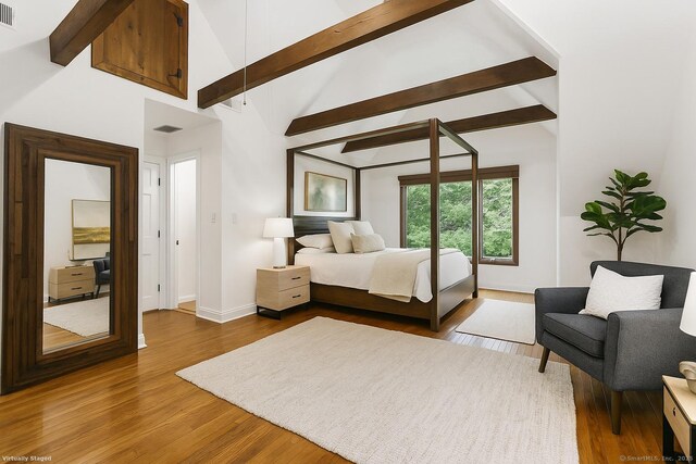 2 Kramer Ln, Weston, CT 06883 - bedroom featuring beamed ceiling, wood finished floors, and high vaulted ceiling