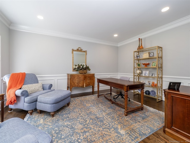 office with ornamental molding, wood finished floors, recessed lighting, wainscoting, and a decorative wall