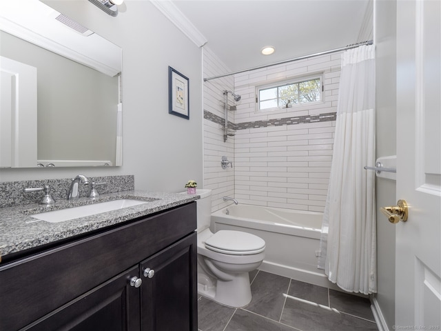 bathroom featuring toilet, shower / bath combination with curtain, vanity, and crown molding