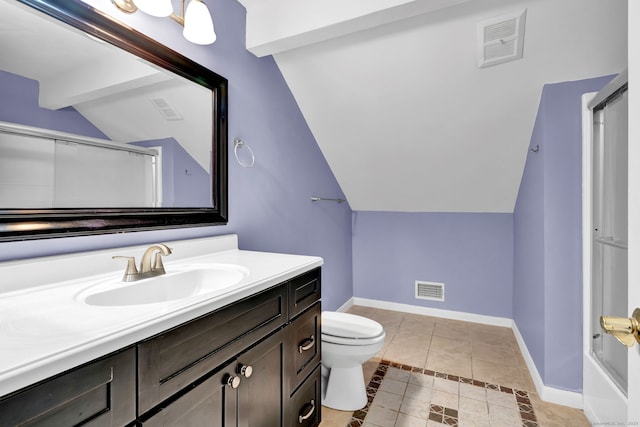 full bath featuring vaulted ceiling, a shower, tile patterned flooring, vanity, and toilet