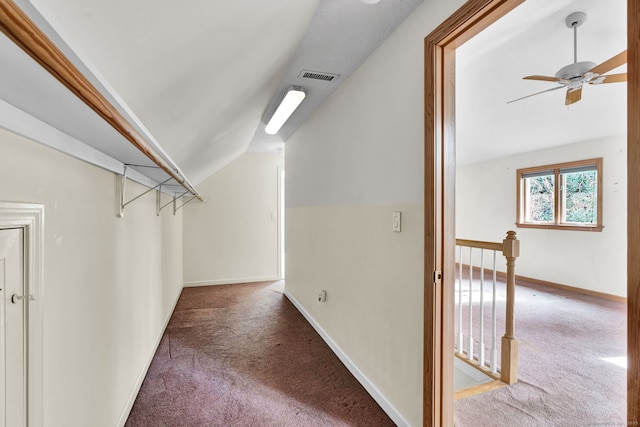walk in closet featuring carpet floors, vaulted ceiling, and ceiling fan