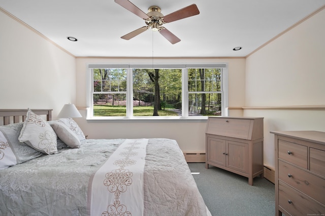bedroom featuring a ceiling fan, a baseboard radiator, a baseboard heating unit, ornamental molding, and light colored carpet