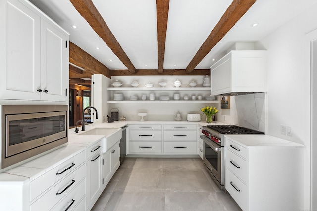37 Cedar Hls, Weston, CT 06883 - kitchen with appliances with stainless steel finishes, open shelves, a sink, beamed ceiling, and recessed lighting