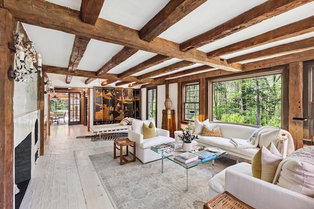 37 Cedar Hls, Weston, CT 06883 - living area featuring hardwood / wood-style flooring, beamed ceiling, and a fireplace