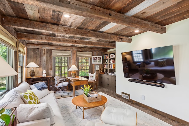 37 Cedar Hls, Weston, CT 06883 - living room featuring wooden ceiling with exposed beams, an office area, baseboards, and wood walls