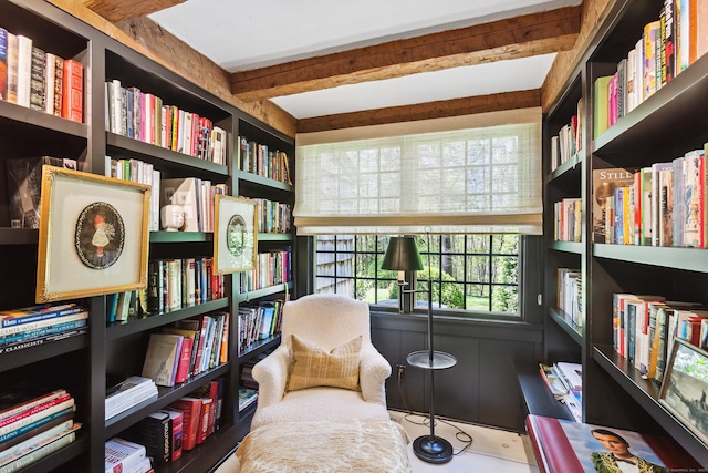 37 Cedar Hls, Weston, CT 06883 - living area featuring bookshelves and beam ceiling
