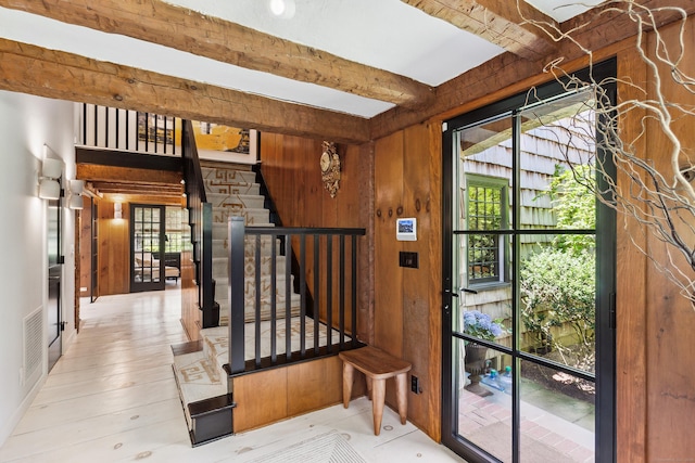 37 Cedar Hls, Weston, CT 06883 - stairway featuring wooden walls and beamed ceiling