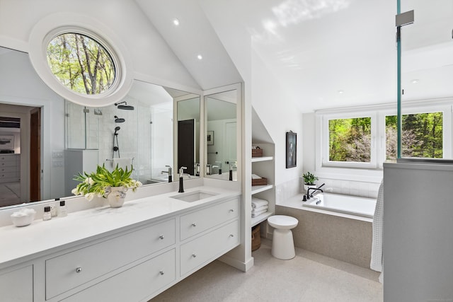 37 Cedar Hls, Weston, CT 06883 - full bath featuring vanity, a garden tub, tiled shower, vaulted ceiling, and recessed lighting