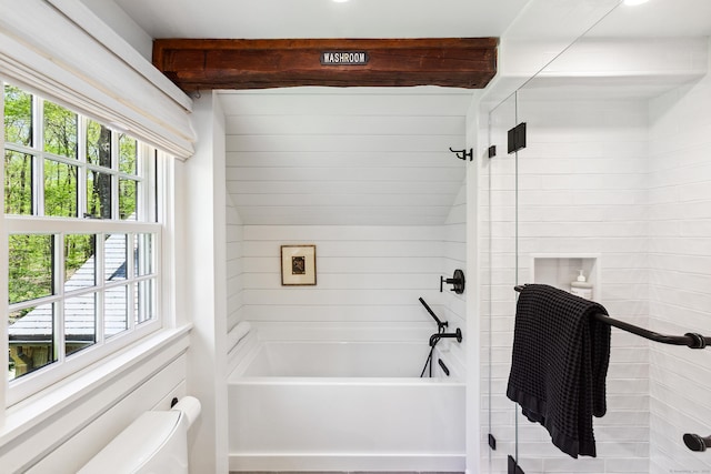 37 Cedar Hls, Weston, CT 06883 - full bathroom with beam ceiling, plenty of natural light,  shower combination, and toilet