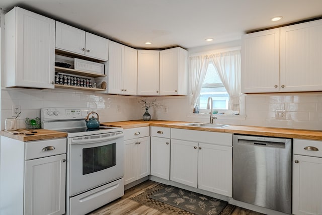10 Sperry St, Milford, CT 06460 - kitchen featuring butcher block counters, dishwasher, white electric range, a sink, and light wood-style flooring