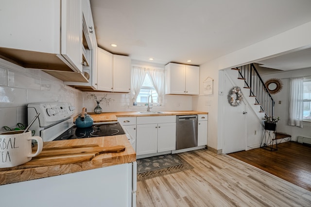 10 Sperry St, Milford, CT 06460 - kitchen with wood counters, dishwasher, a sink, white range with electric stovetop, and light wood finished floors