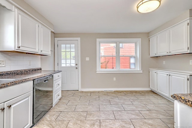 kitchen with decorative backsplash, baseboards, black dishwasher, and white cabinets