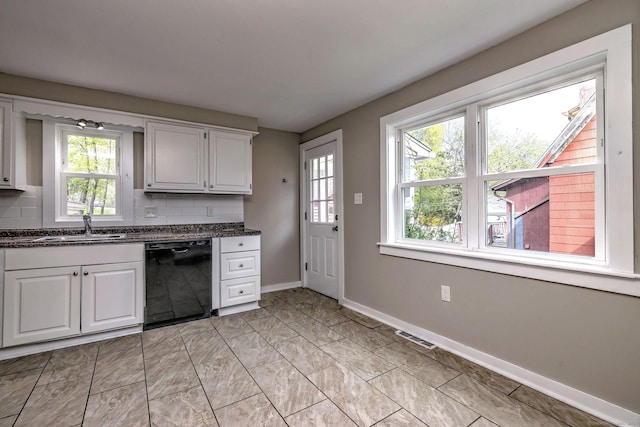 kitchen with a sink, tasteful backsplash, black dishwasher, visible vents, and white cabinetry