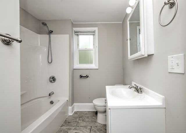 bathroom featuring toilet, shower / tub combination, baseboards, marble finish floor, and vanity
