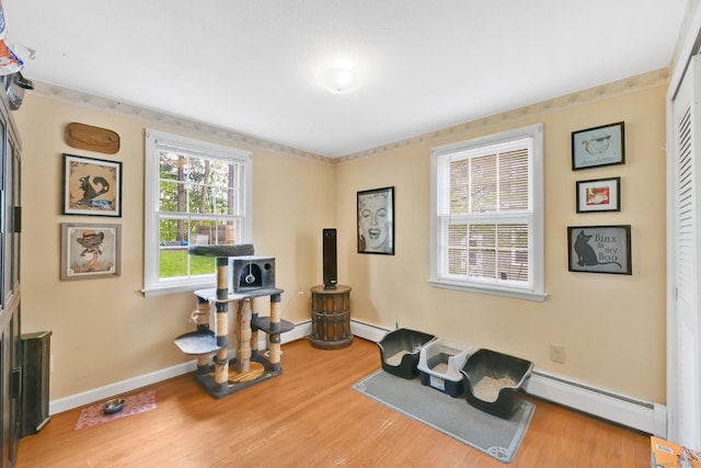 workout room with baseboards, wood finished floors, and baseboard heating