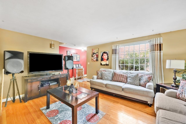 living area featuring baseboards and wood finished floors