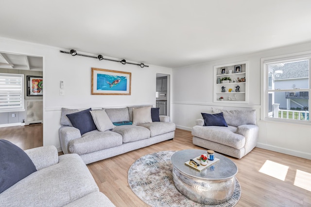 living area with wood finished floors and built in shelves